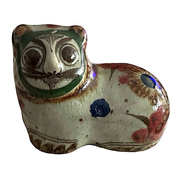 TONALA Mexican Pottery Vintage Stoneware Cat Figurine 4 3/4” Hand Painted - Picture 1 of 6